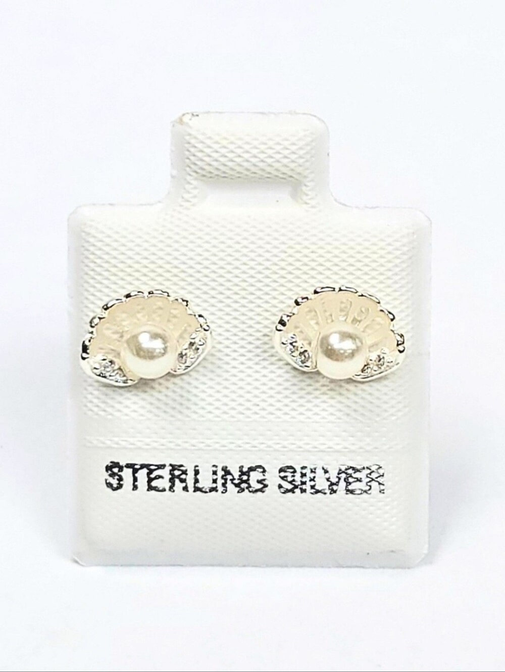 Stud Earrings Shell Pearl White CZ 925 Mex. Sterling Silver Arete Concha Perla